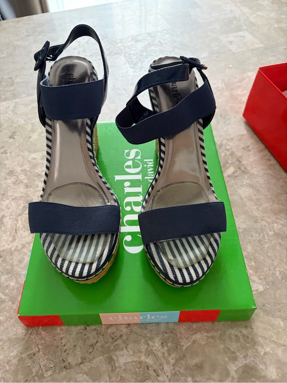 Charles David Navy and White Striped Espadrille Wedge Sandals